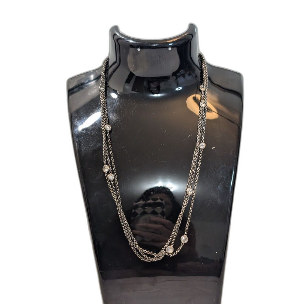 Multi Strand Silver Tone Layering Necklace Bezel Set Round Crystal Station Chain